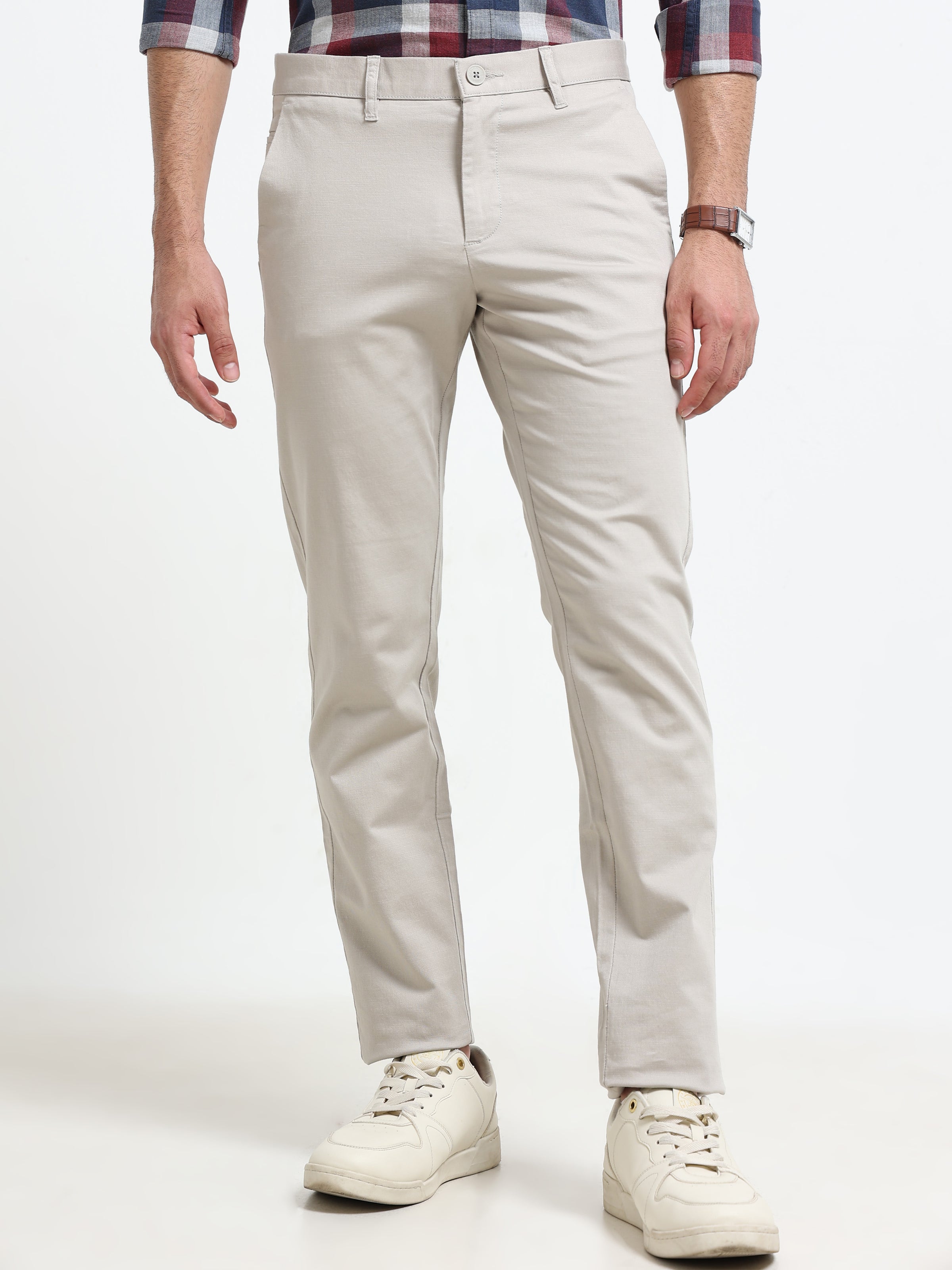 Men Grey Dobby Narrow Fit Casual Trousers