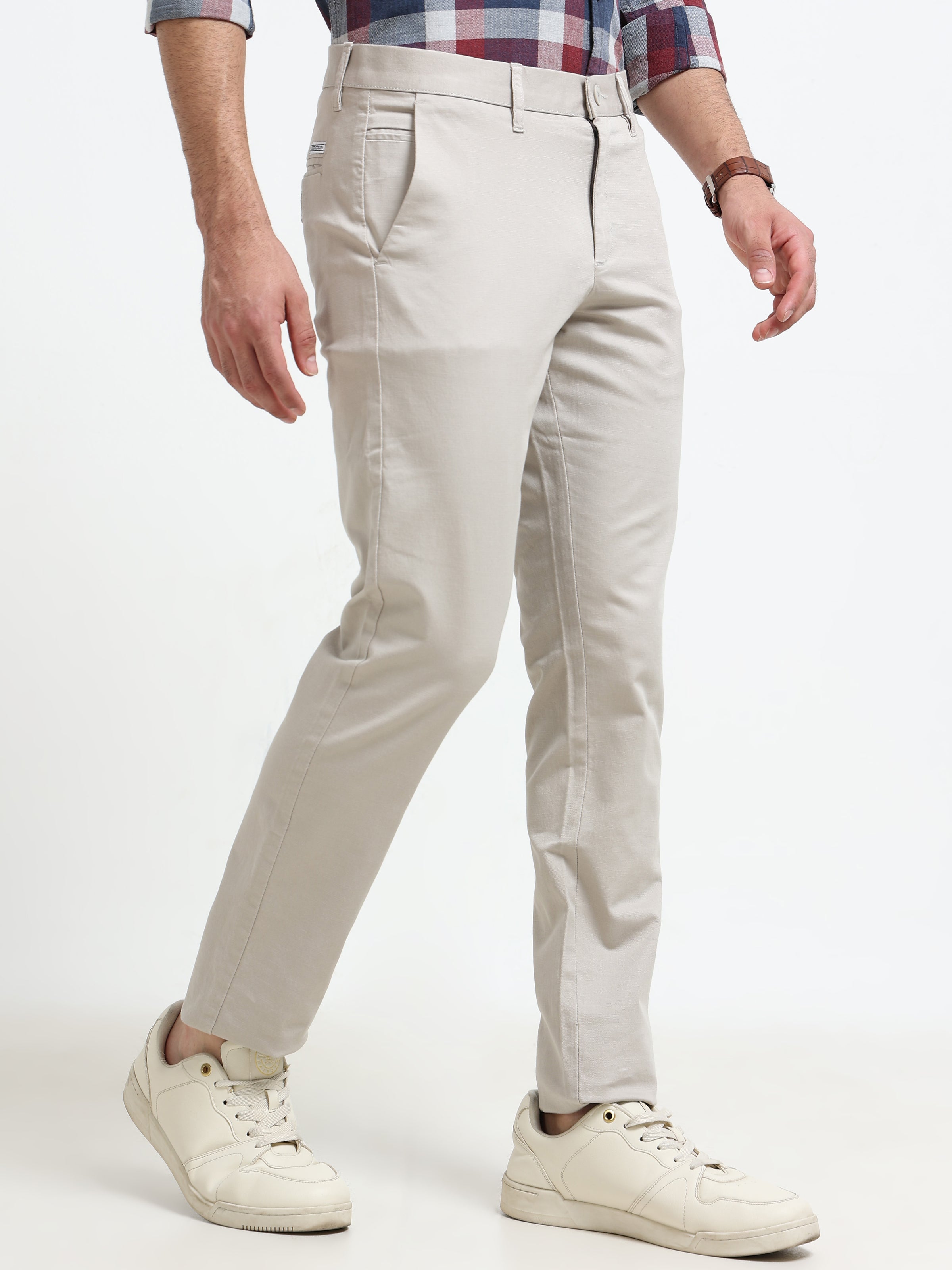 Men Grey Dobby Narrow Fit Casual Trousers