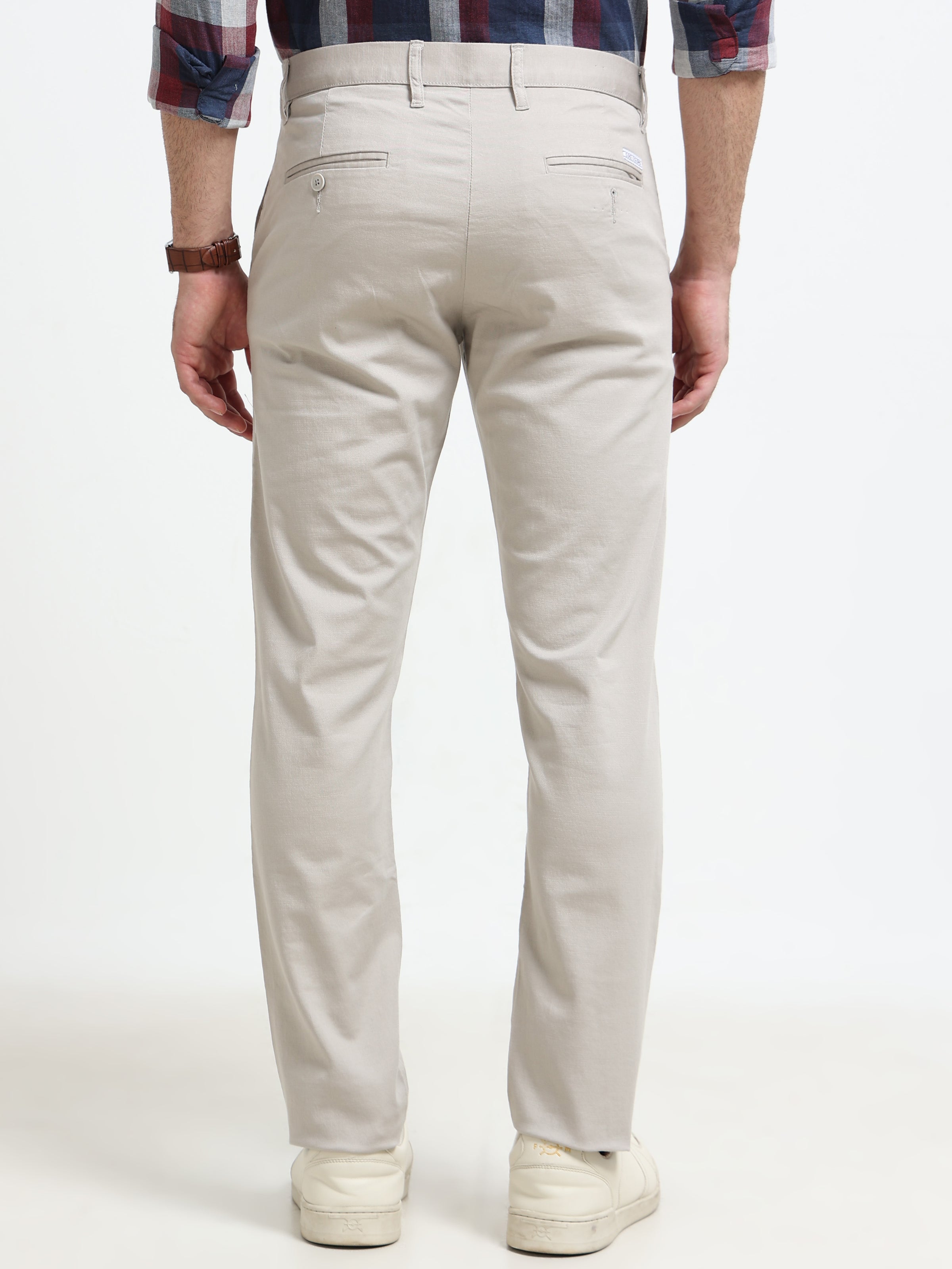 Men Grey Dobby Narrow Fit Casual Trousers