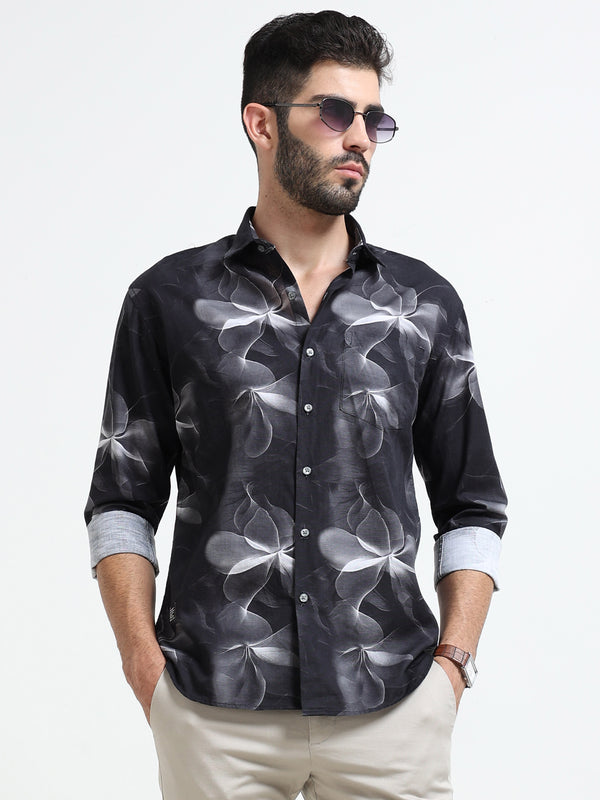 Black Abstract floral print Slim Fit Cotton Casual Shirts