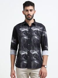 Black Abstract floral print Slim Fit Cotton Casual Shirts
