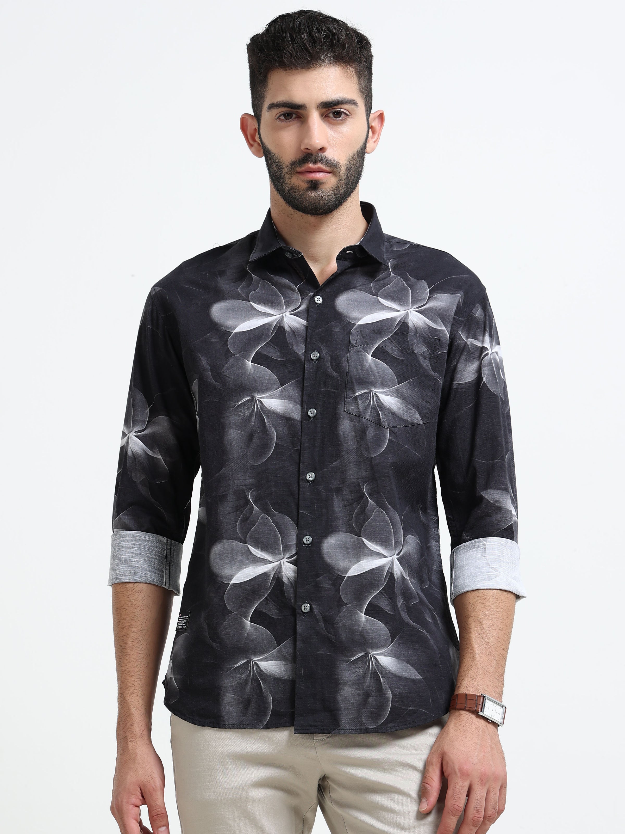 Black Abstract floral print Slim Fit Cotton Casual Shirts