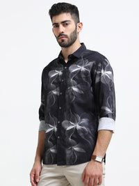 Black Abstract floral print Slim Fit Cotton Casual Shirts