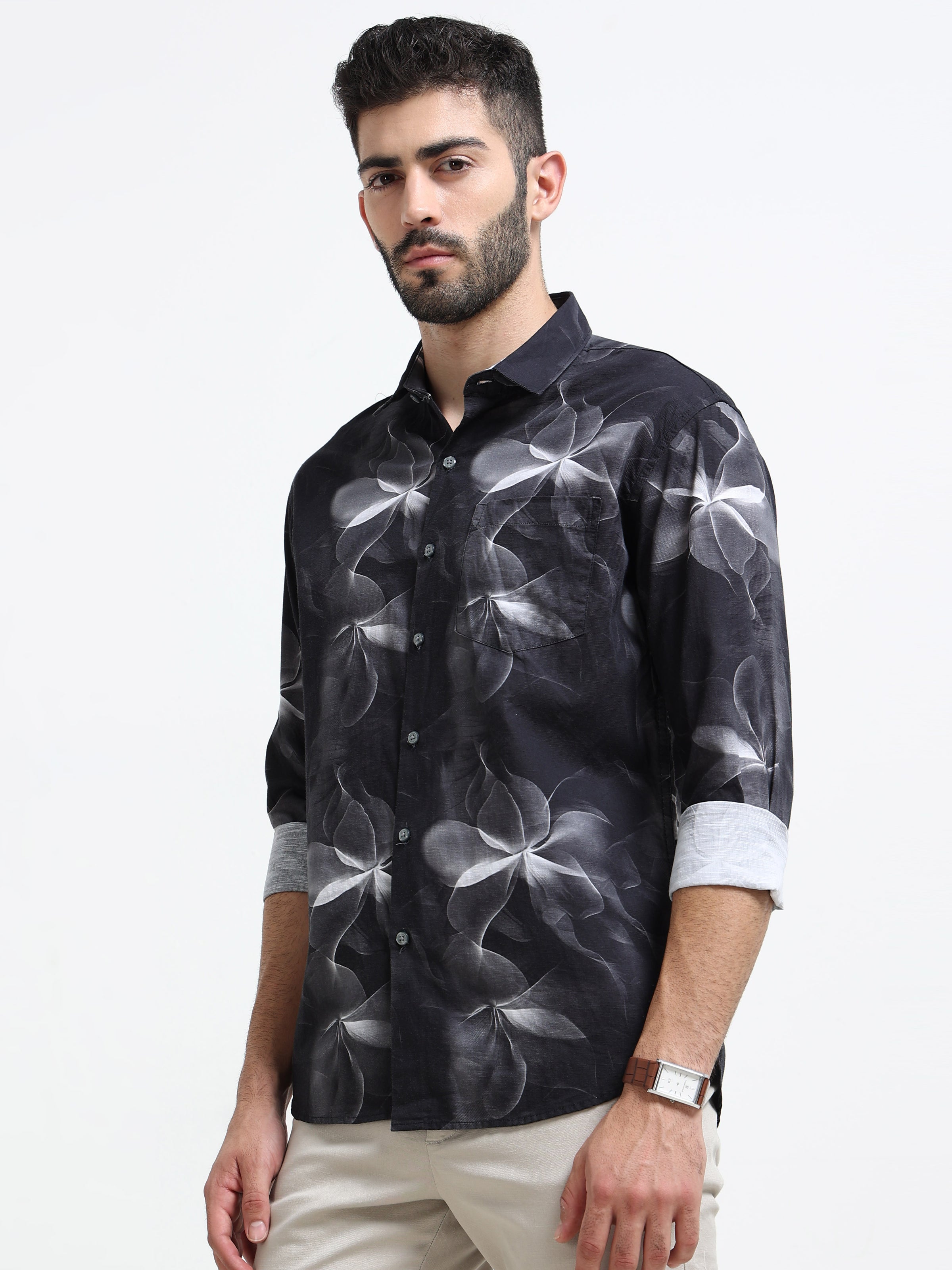 Black Abstract floral print Slim Fit Cotton Casual Shirts