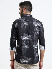 Black Abstract floral print Slim Fit Cotton Casual Shirts