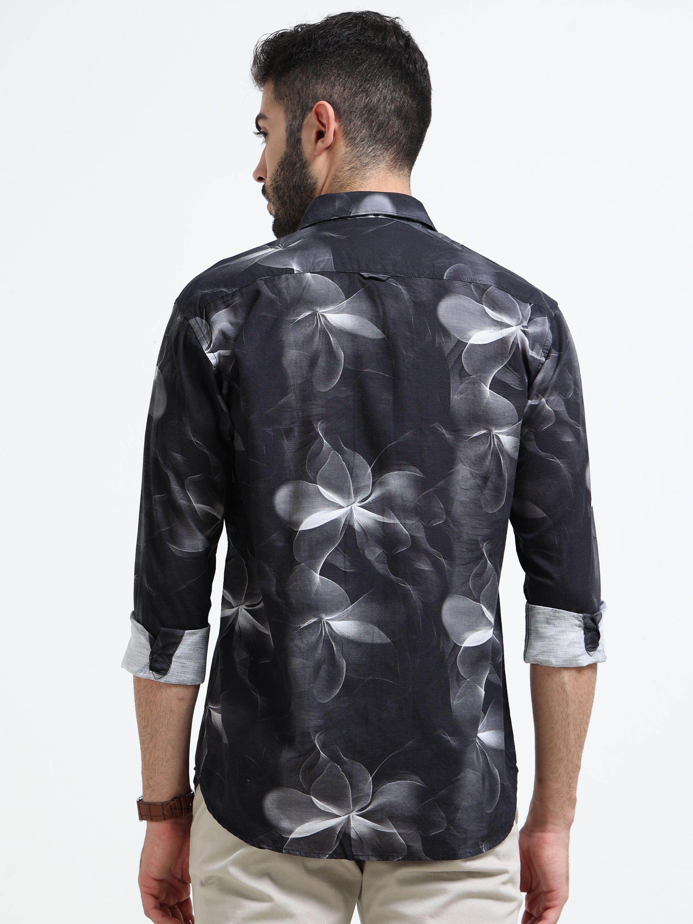 Black Abstract floral print Slim Fit Cotton Casual Shirts