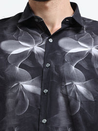 Black Abstract floral print Slim Fit Cotton Casual Shirts