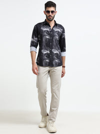 Black Abstract floral print Slim Fit Cotton Casual Shirts