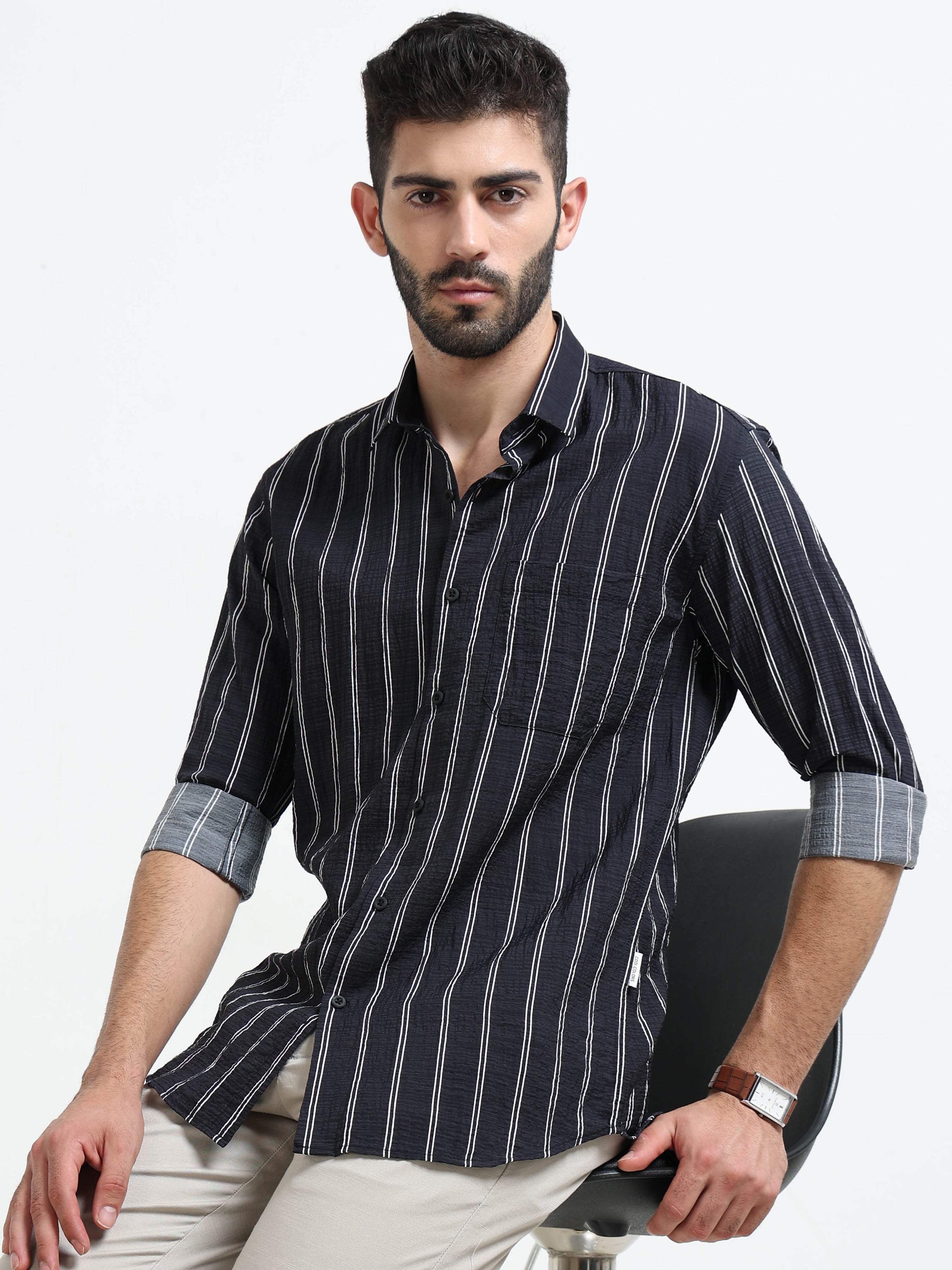 Black Stripes Slim Fit Cotton Casual Shirts