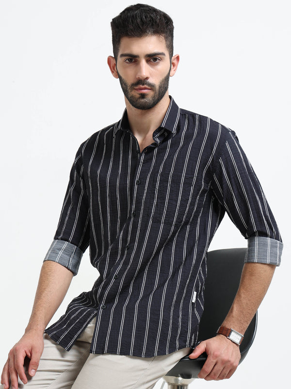 Black Stripes Slim Fit Cotton Casual Shirts
