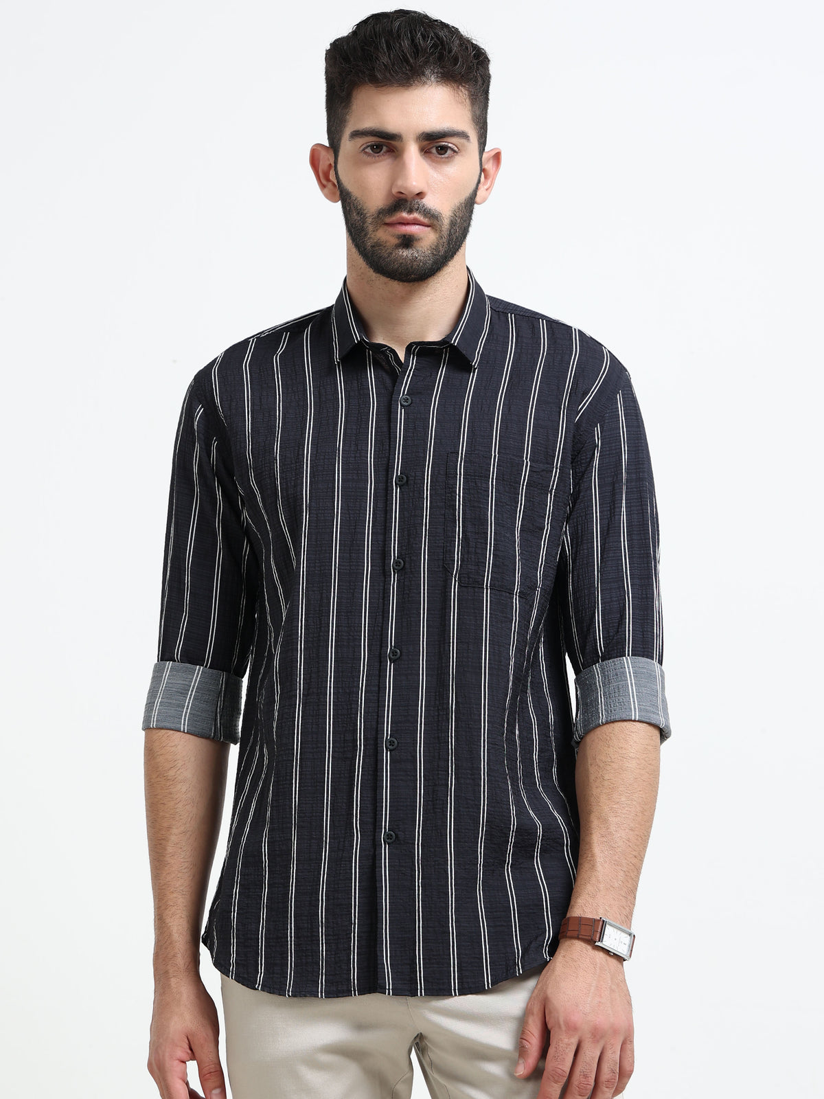 Black Stripes Slim Fit Cotton Casual Shirts