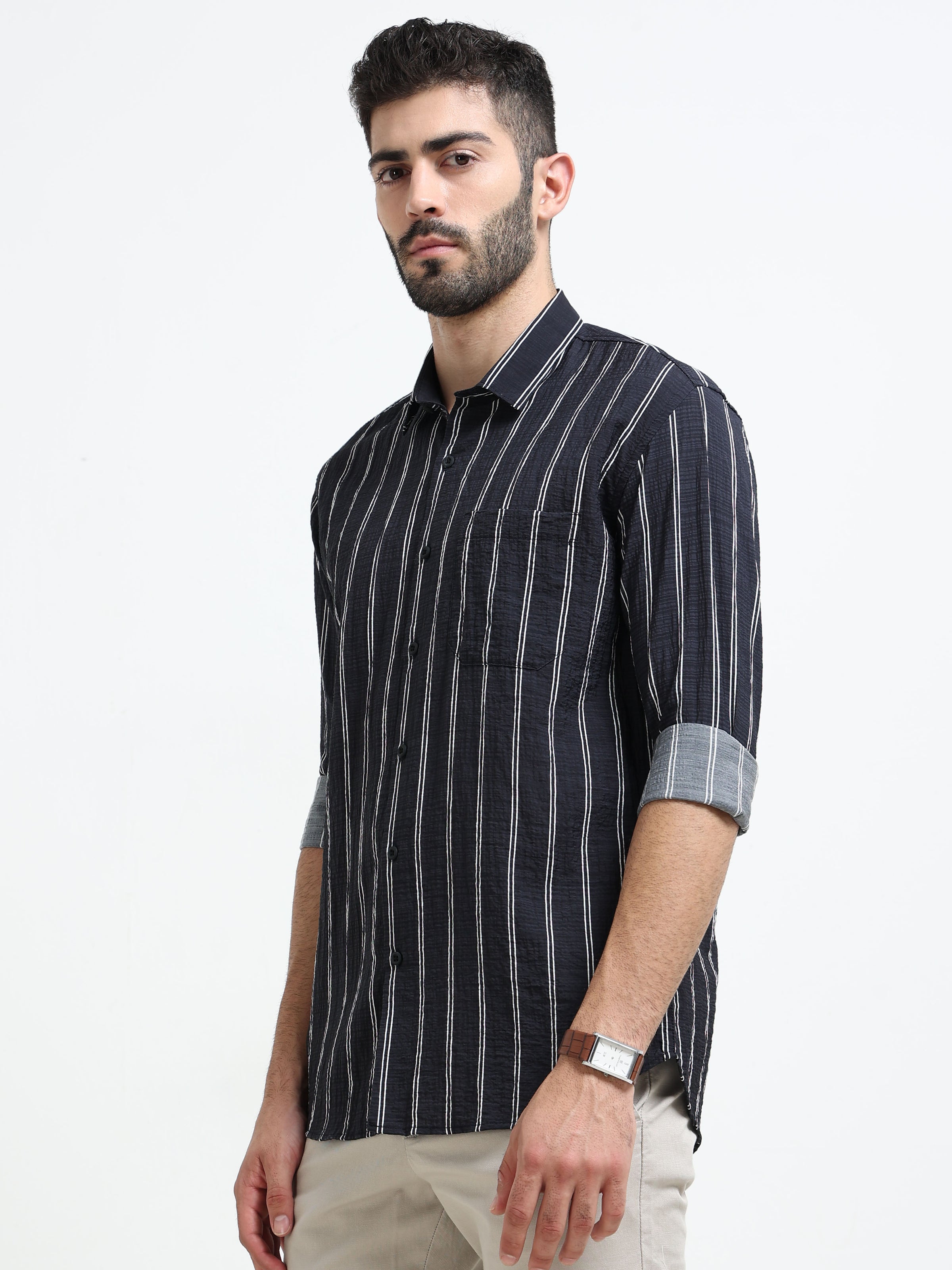 Black Stripes Slim Fit Cotton Casual Shirts
