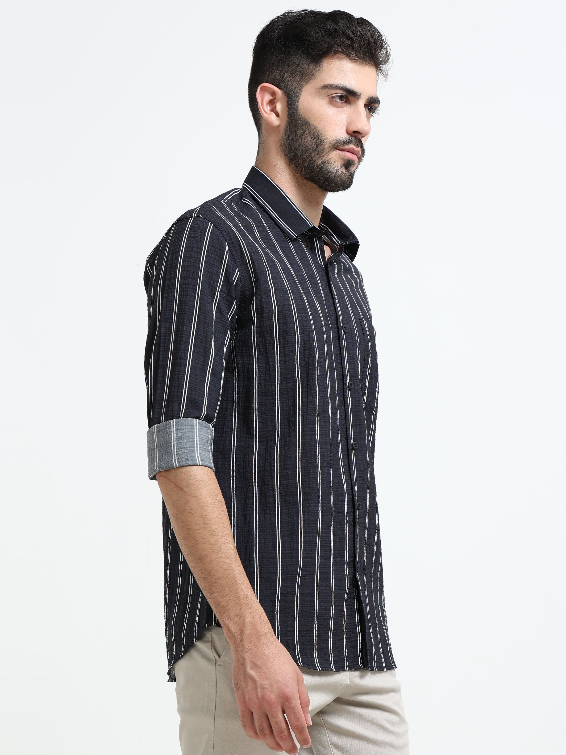 Black Stripes Slim Fit Cotton Casual Shirts