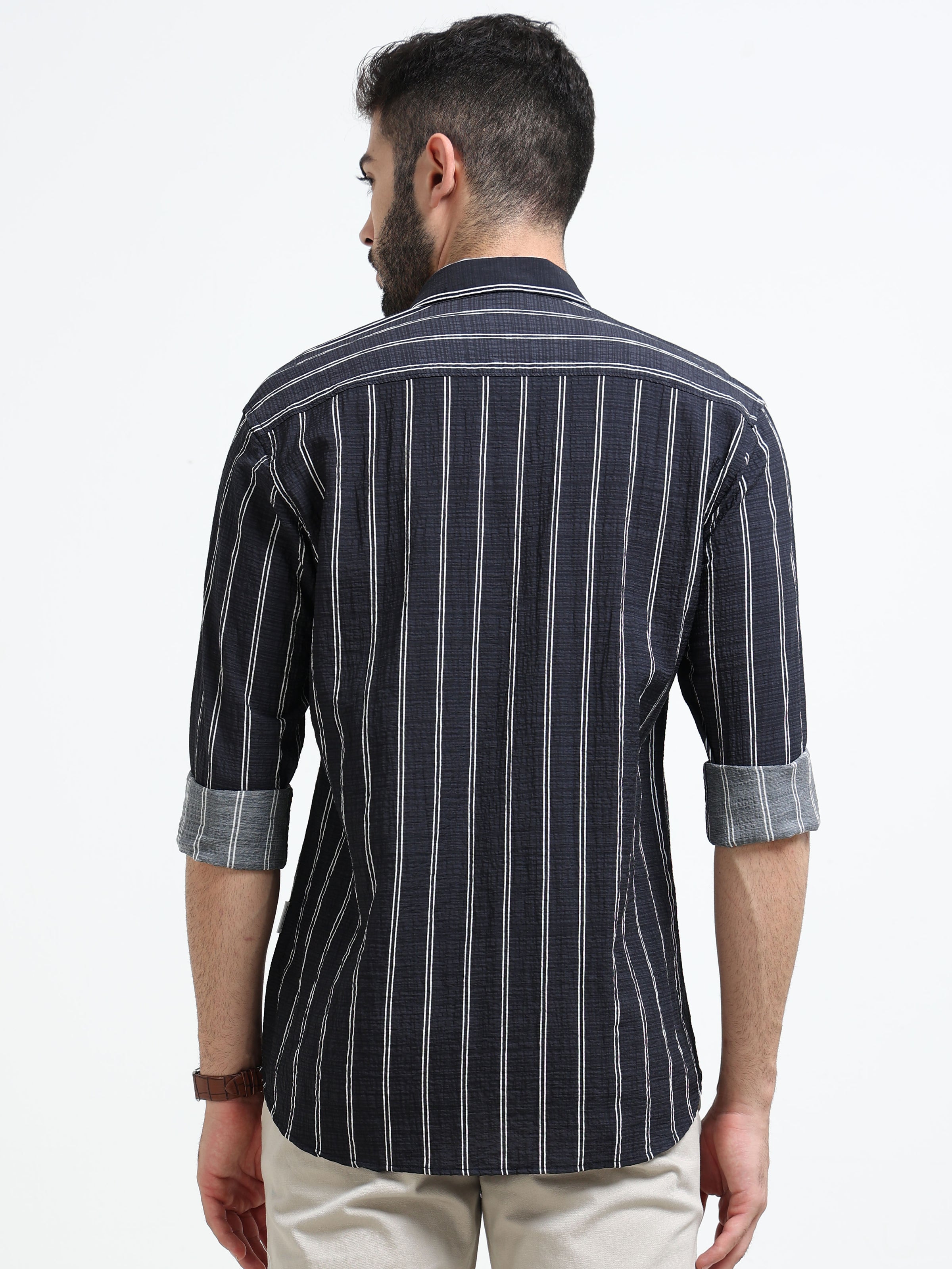 Black Stripes Slim Fit Cotton Casual Shirts
