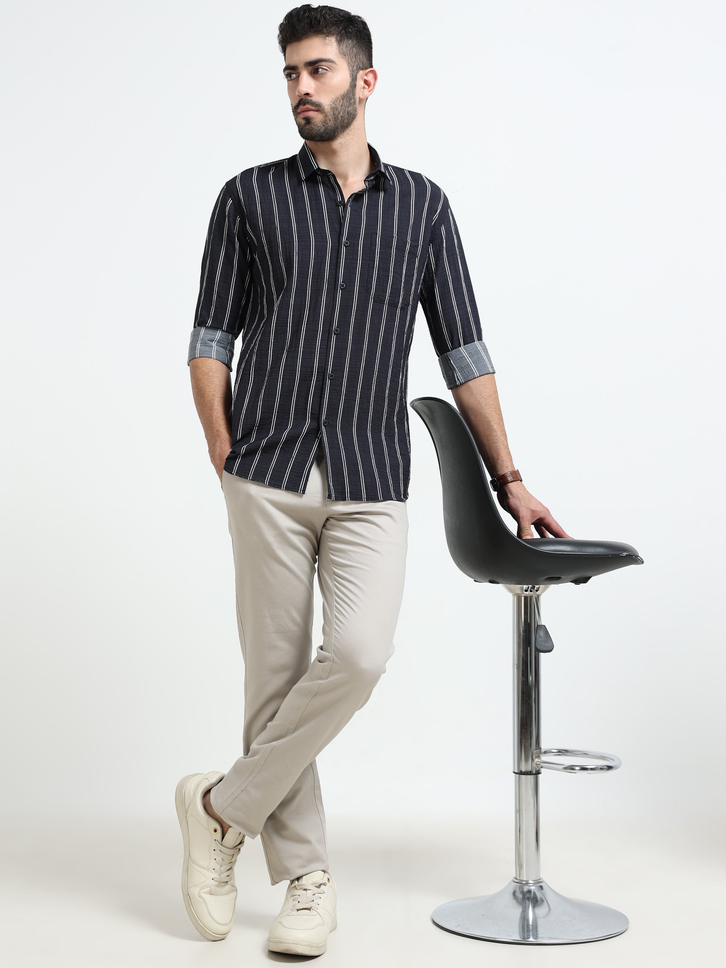 Black Stripes Slim Fit Cotton Casual Shirts