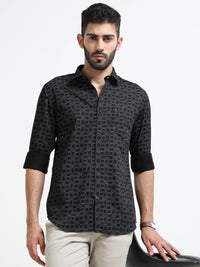 Black Printed Slim Fit Cotton Casual Shirts