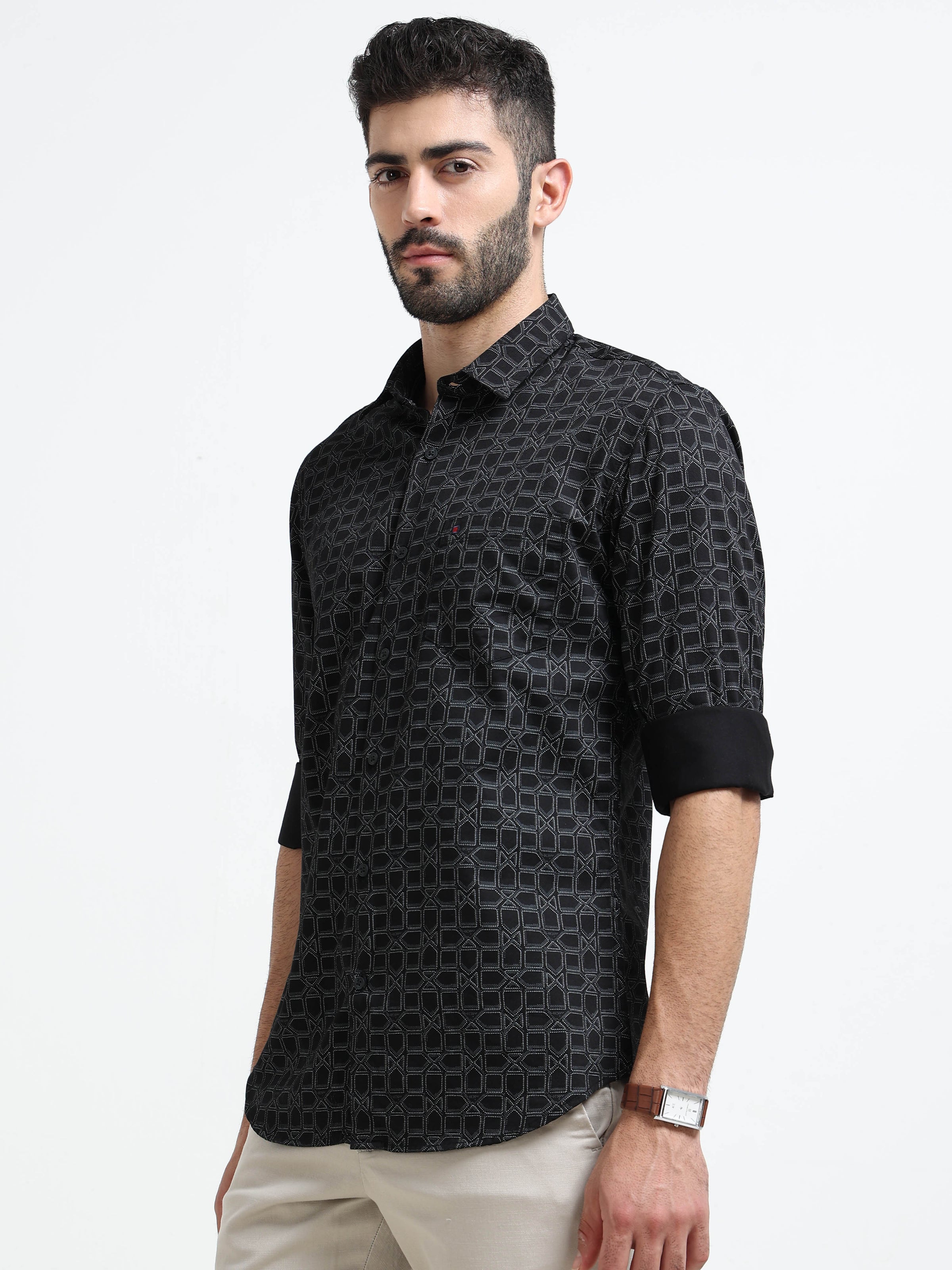 Black Printed Slim Fit Cotton Casual Shirts