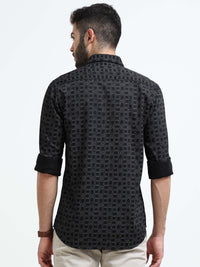 Black Printed Slim Fit Cotton Casual Shirts