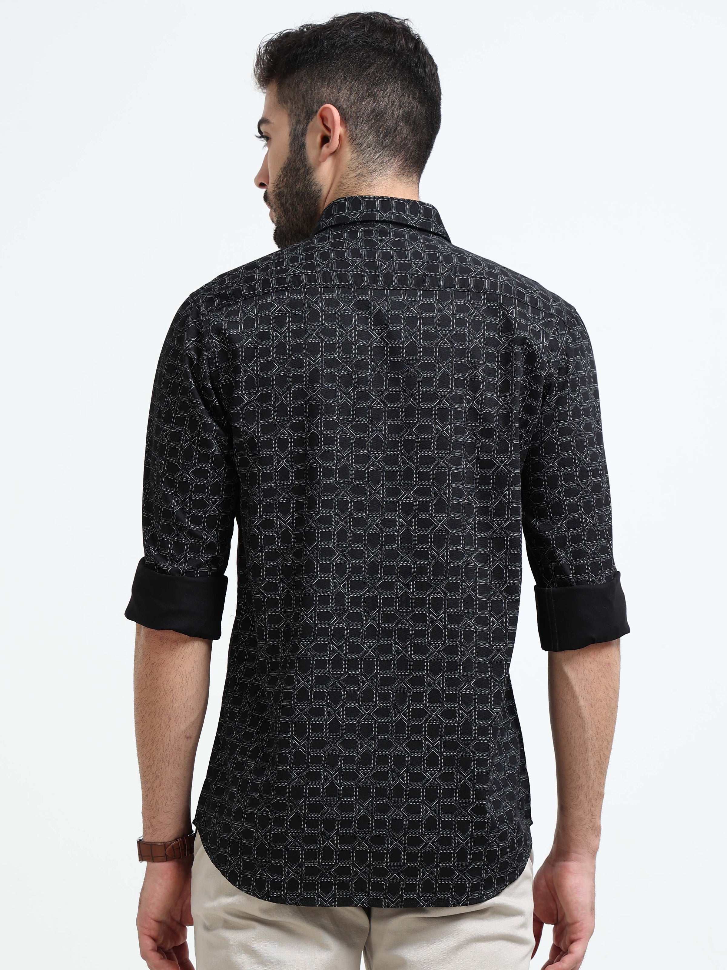 Black Printed Slim Fit Cotton Casual Shirts