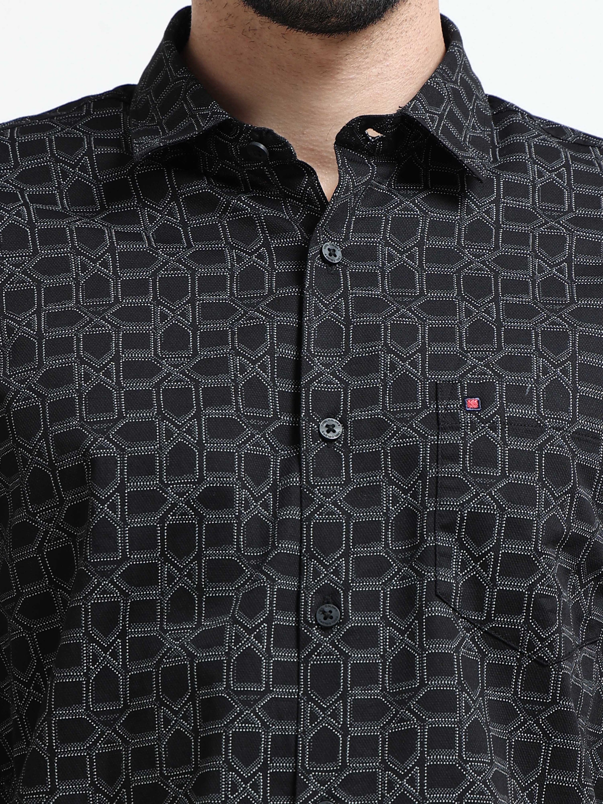 Black Printed Slim Fit Cotton Casual Shirts