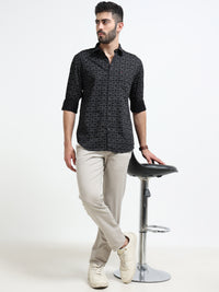 Black Printed Slim Fit Cotton Casual Shirts