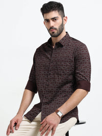 Maroon Printed Slim Fit Cotton Casual Shirts