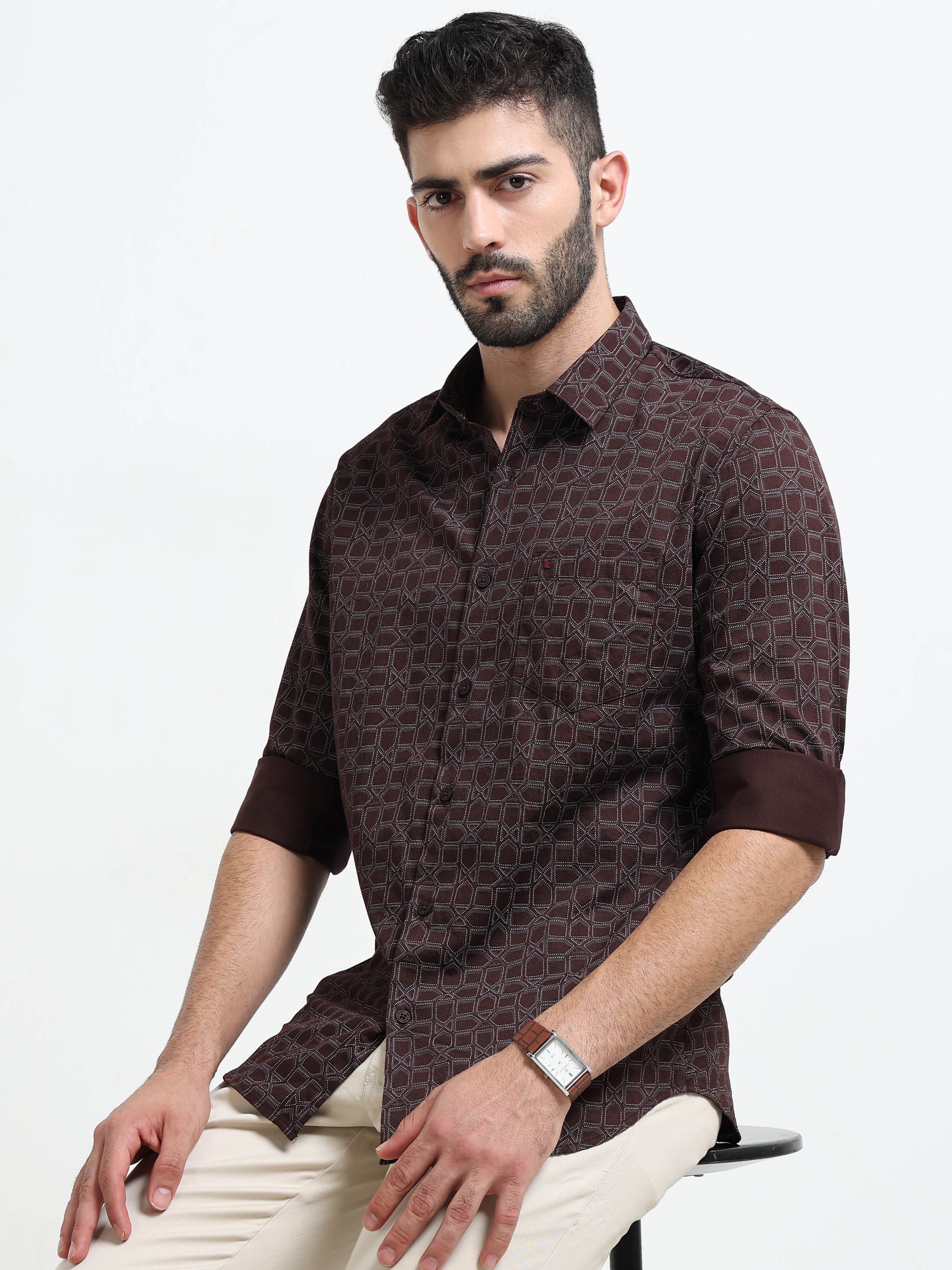 Maroon Printed Slim Fit Cotton Casual Shirts