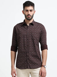 Maroon Printed Slim Fit Cotton Casual Shirts