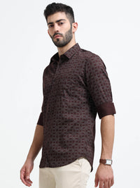 Maroon Printed Slim Fit Cotton Casual Shirts