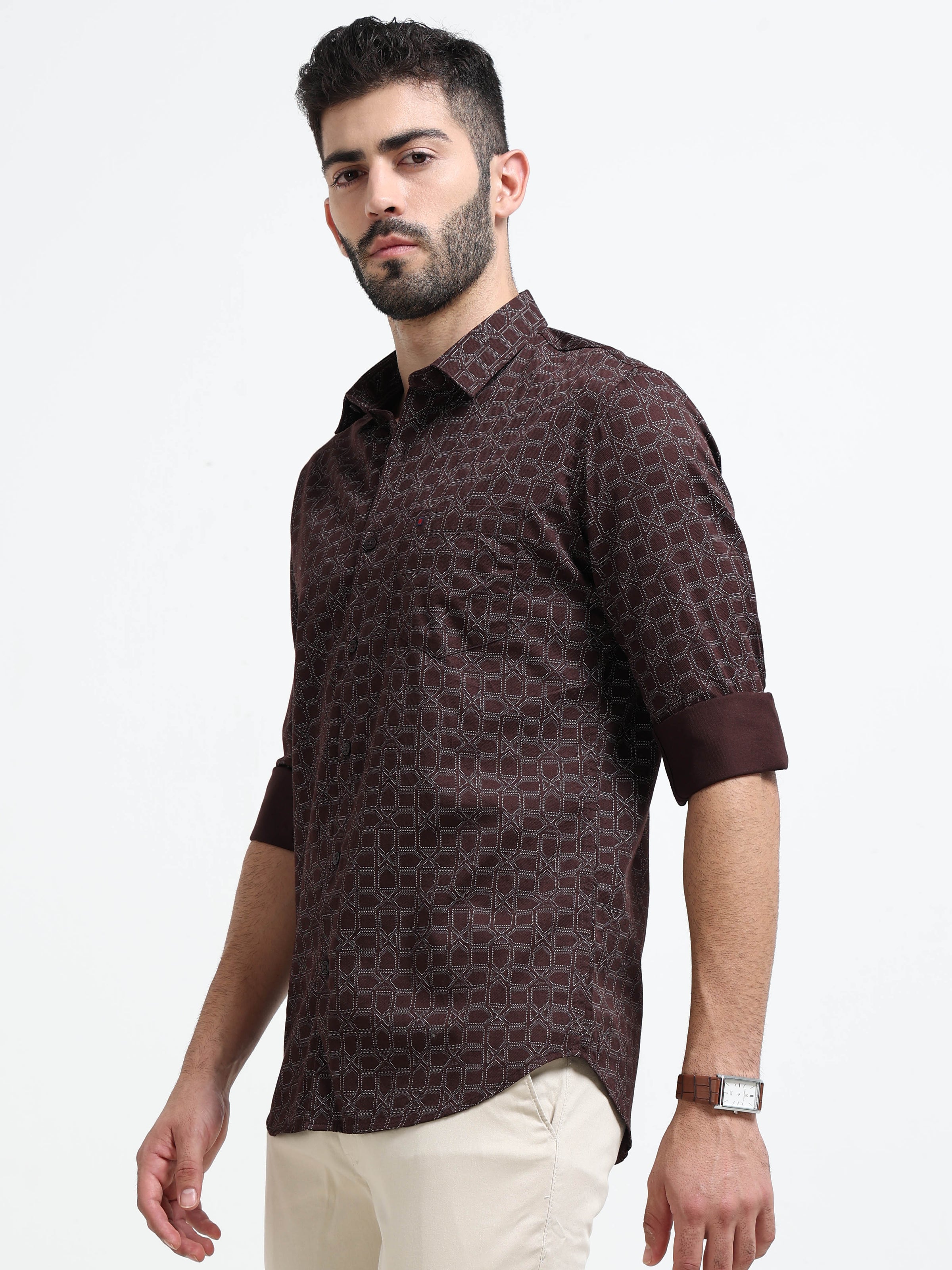Maroon Printed Slim Fit Cotton Casual Shirts