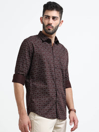 Maroon Printed Slim Fit Cotton Casual Shirts