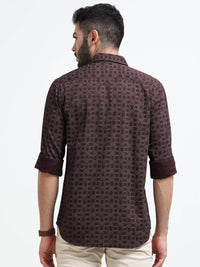 Maroon Printed Slim Fit Cotton Casual Shirts
