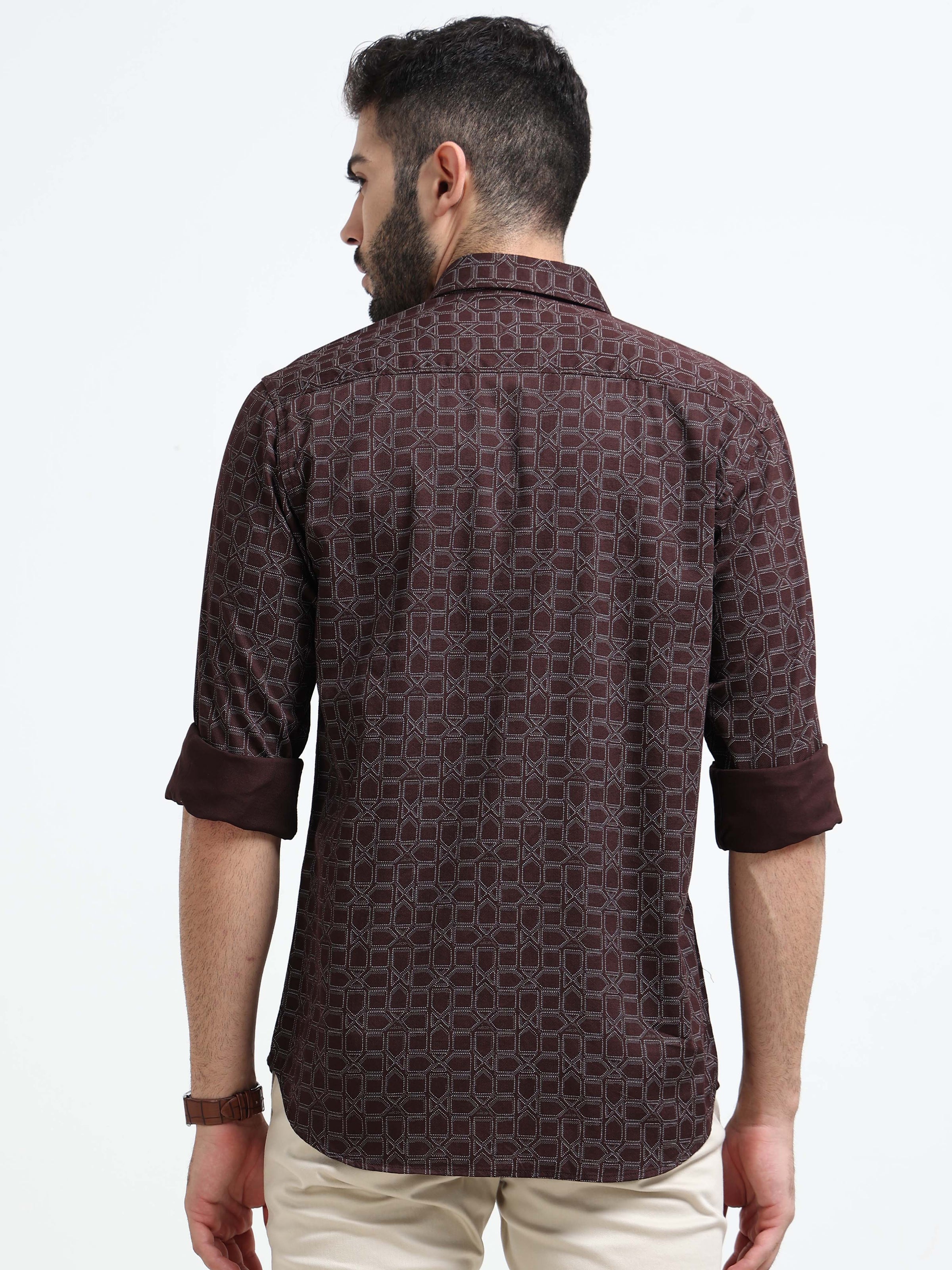 Maroon Printed Slim Fit Cotton Casual Shirts