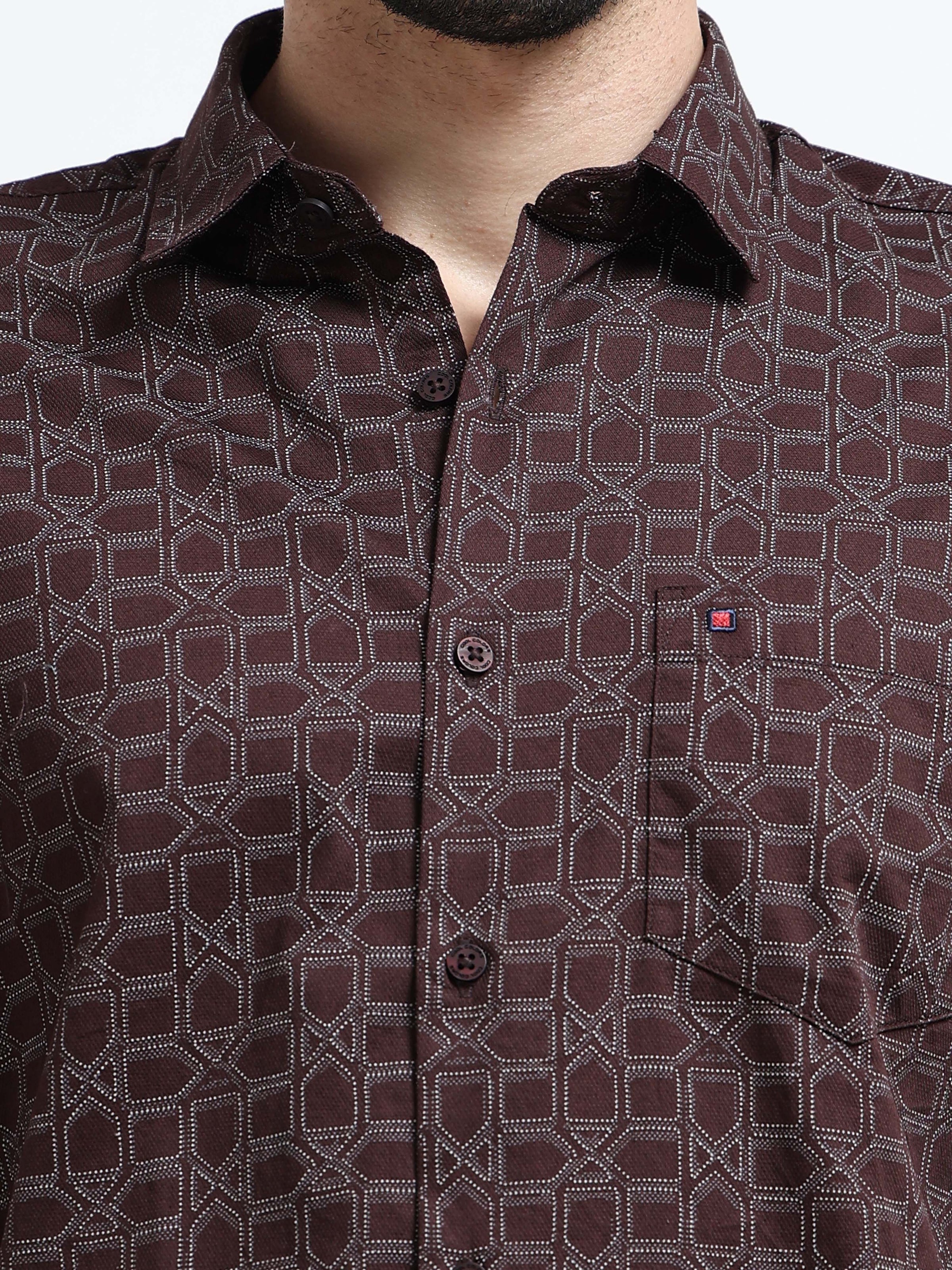 Maroon Printed Slim Fit Cotton Casual Shirts