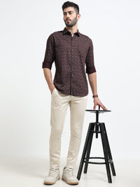 Maroon Printed Slim Fit Cotton Casual Shirts