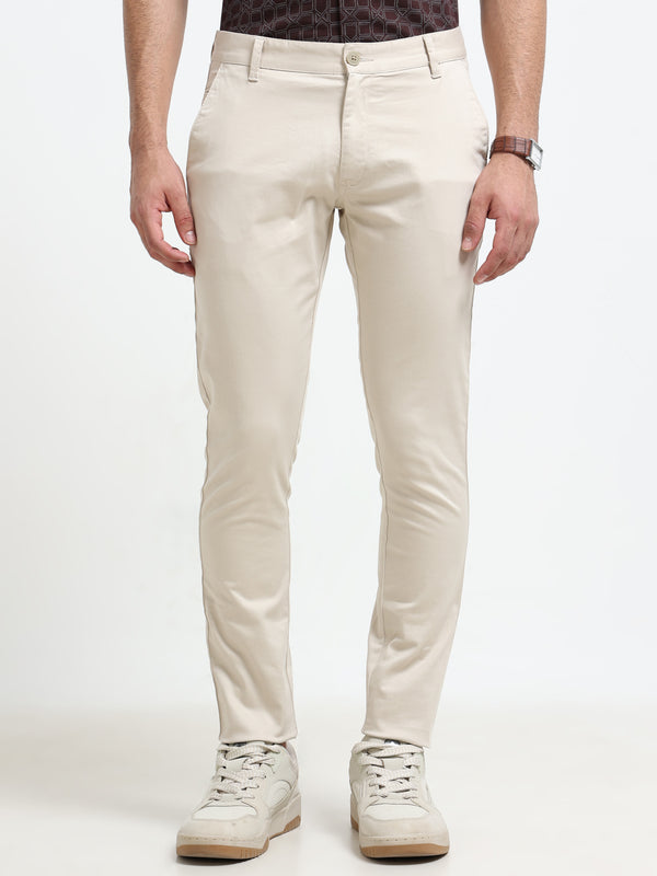 Men Cream Solid Satin With Lycra Ankle Fit Casual Trousers