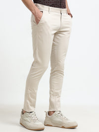 Men Cream Solid Satin With Lycra Ankle Fit Casual Trousers