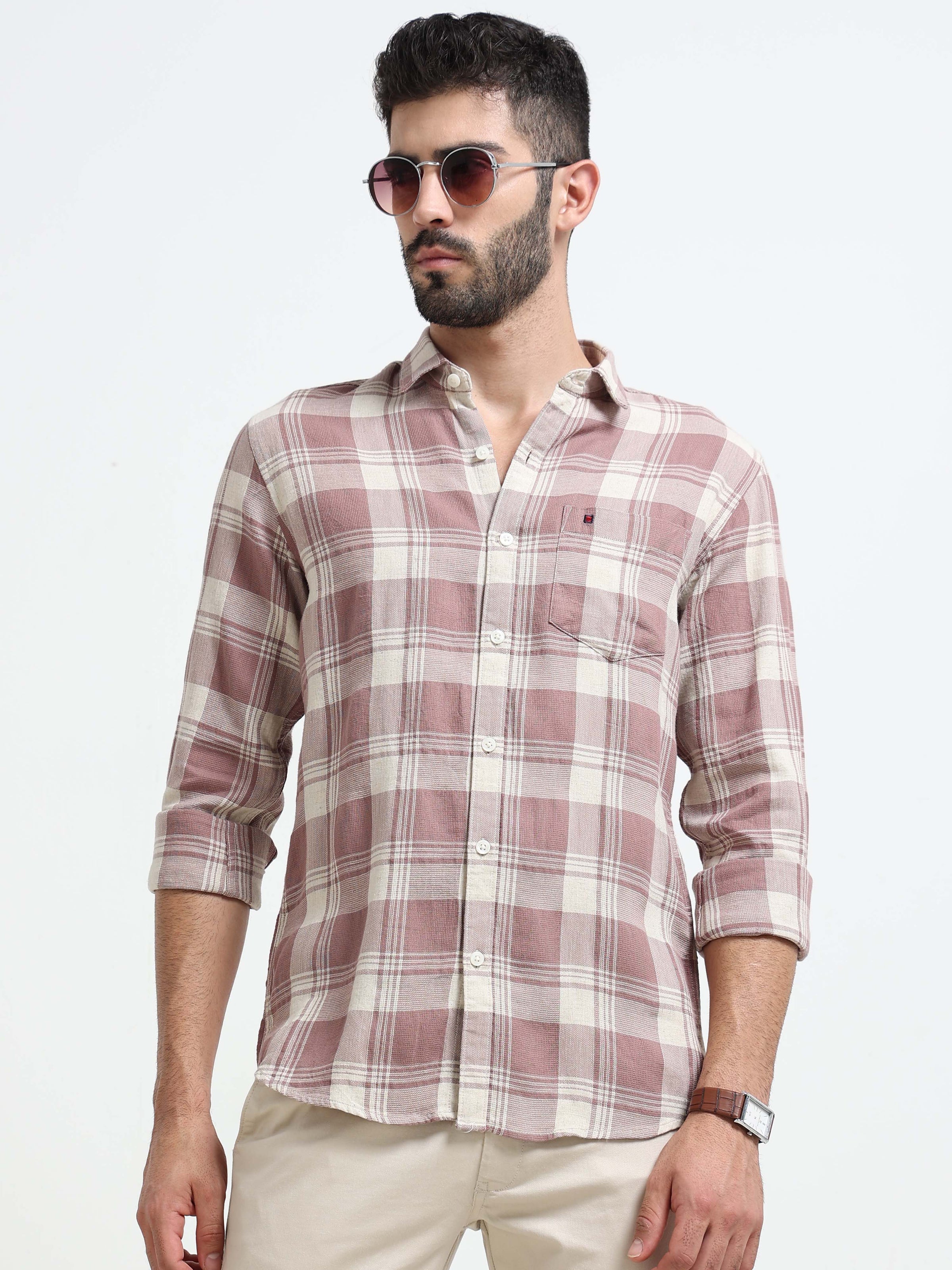 Rosy Brown Checks Slim Fit Bamboo Linen Casual Shirts