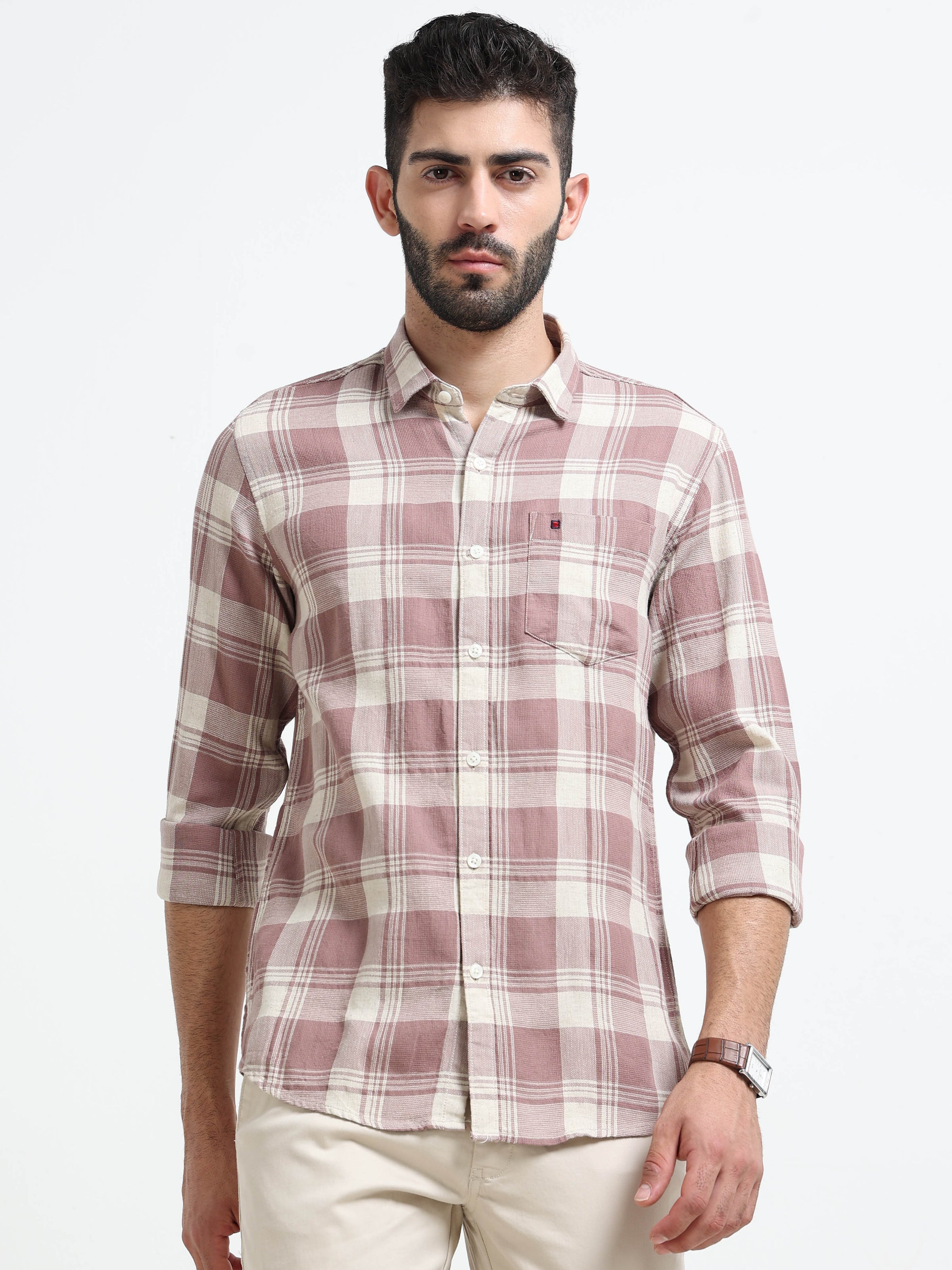 Rosy Brown Checks Slim Fit Bamboo Linen Casual Shirts
