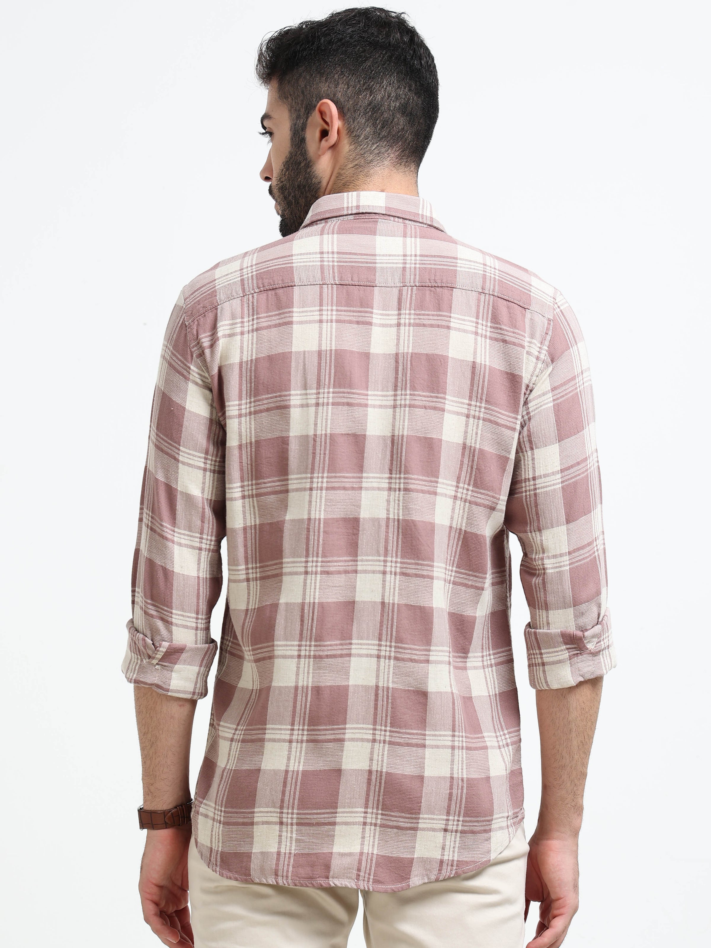 Rosy Brown Checks Slim Fit Bamboo Linen Casual Shirts