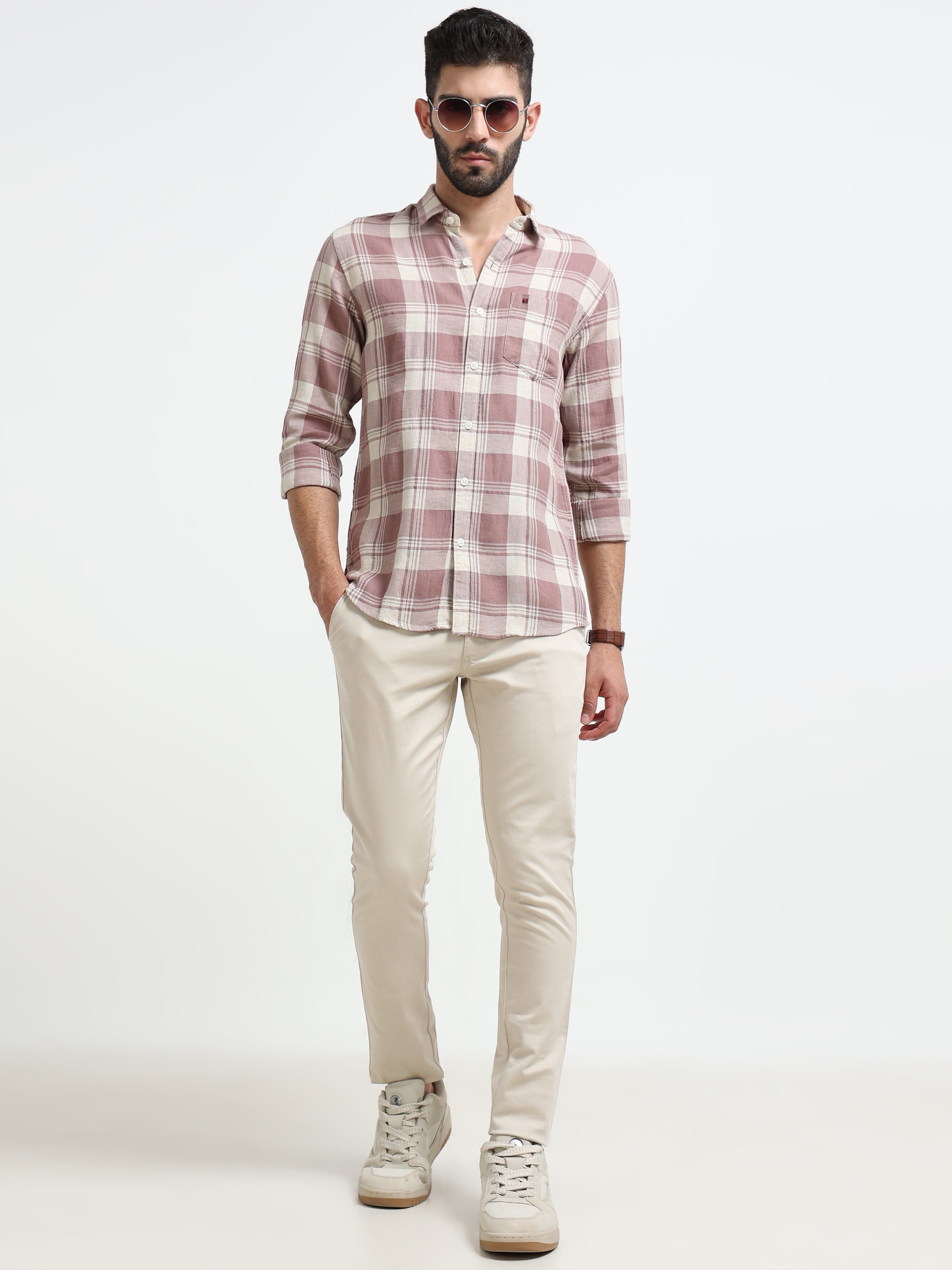Rosy Brown Checks Slim Fit Bamboo Linen Casual Shirts