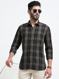 Green Checks Slim Fit Cotton Casual Shirts