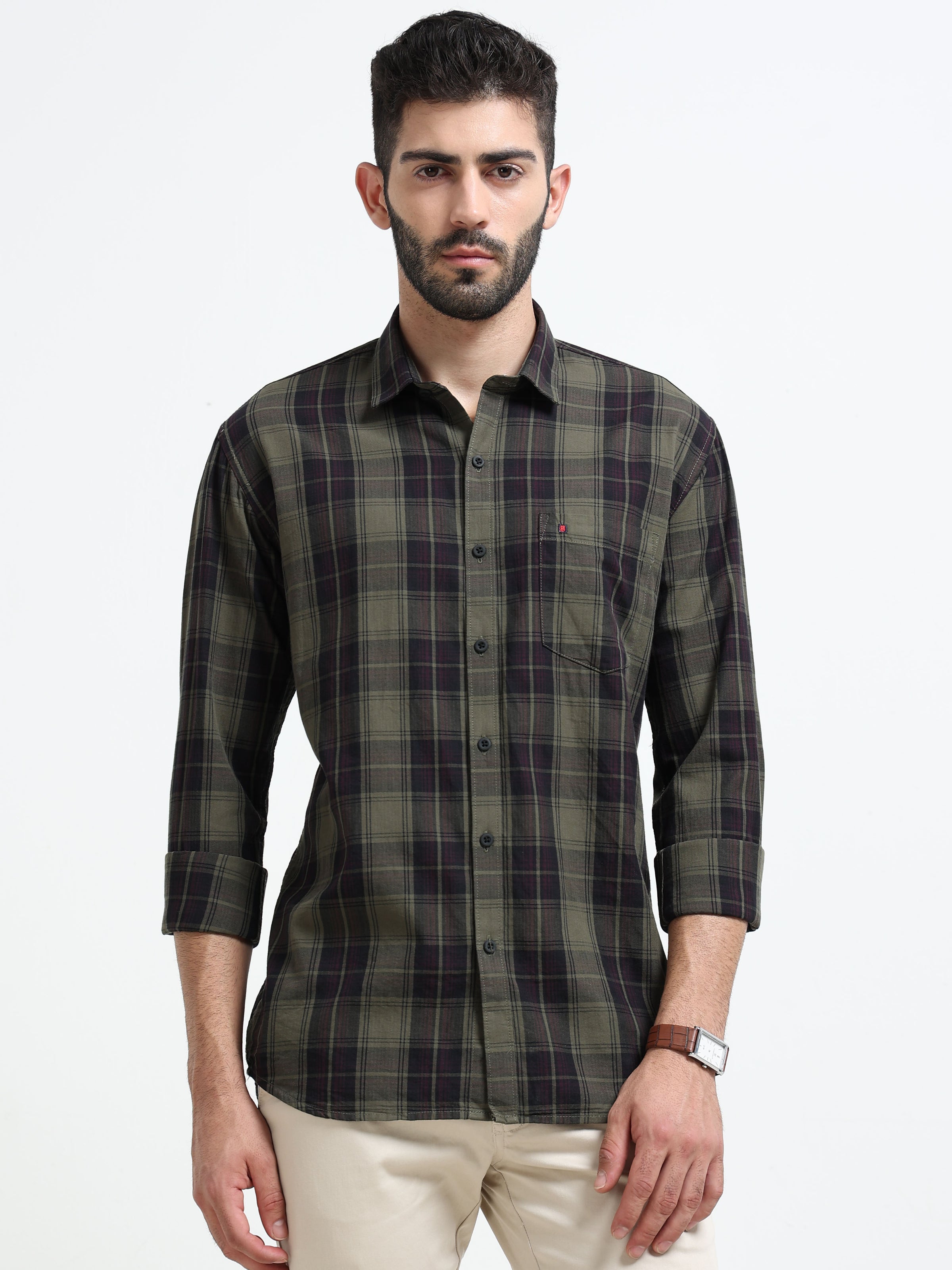 Green Checks Slim Fit Cotton Casual Shirts