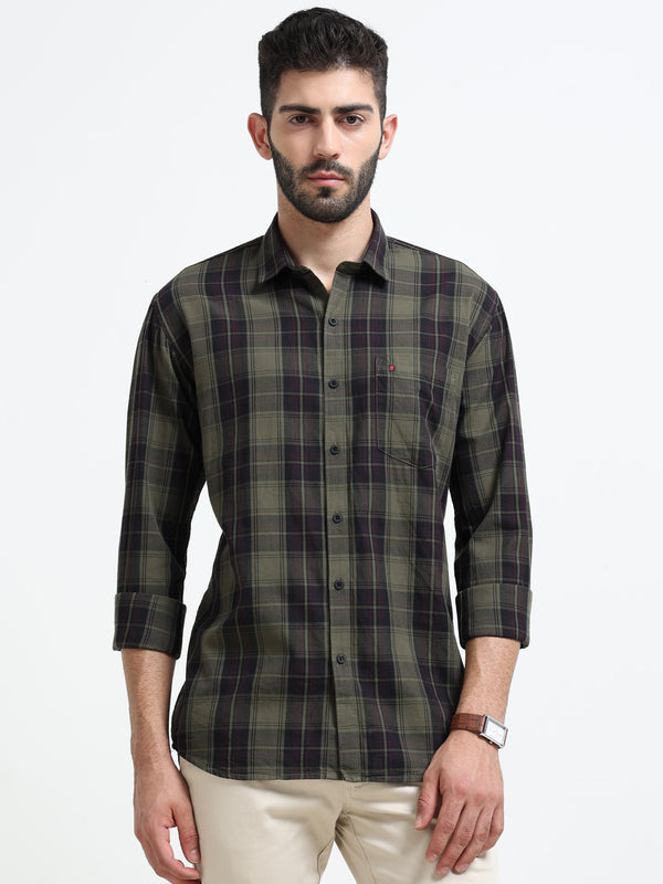 Green Checks Slim Fit Cotton Casual Shirts
