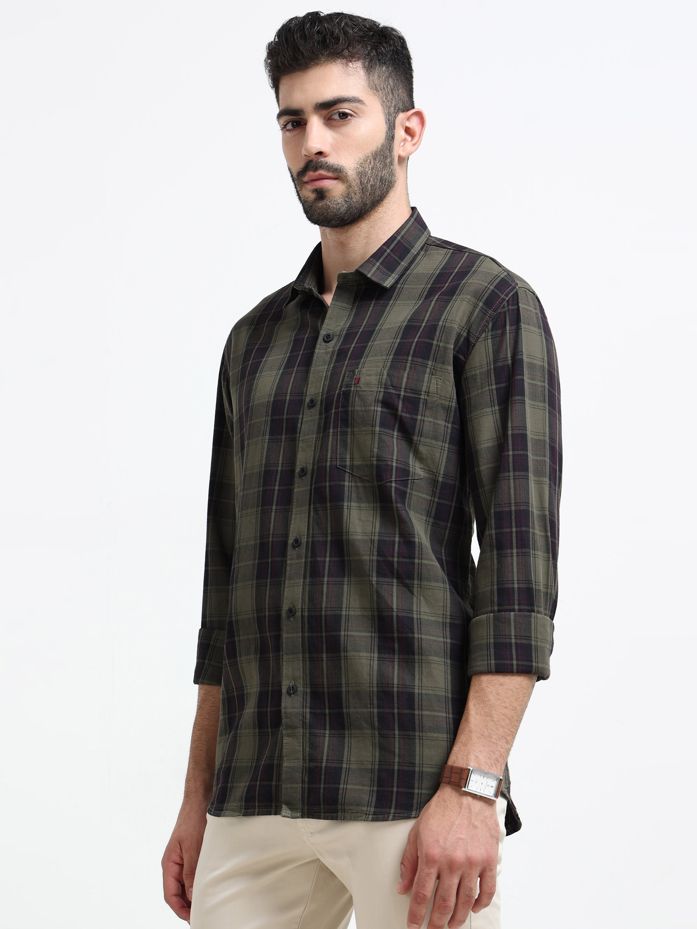 Green Checks Slim Fit Cotton Casual Shirts