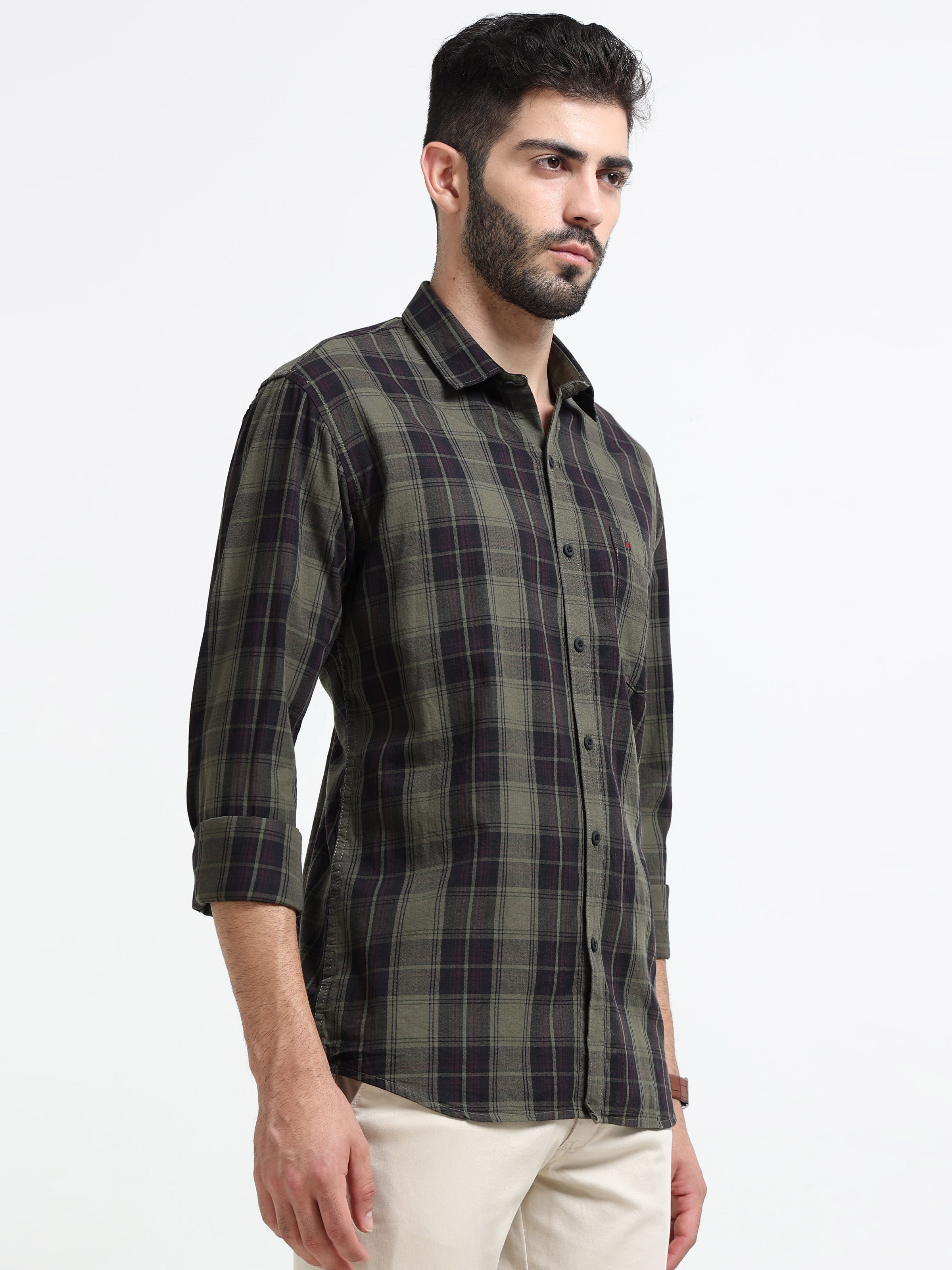 Green Checks Slim Fit Cotton Casual Shirts