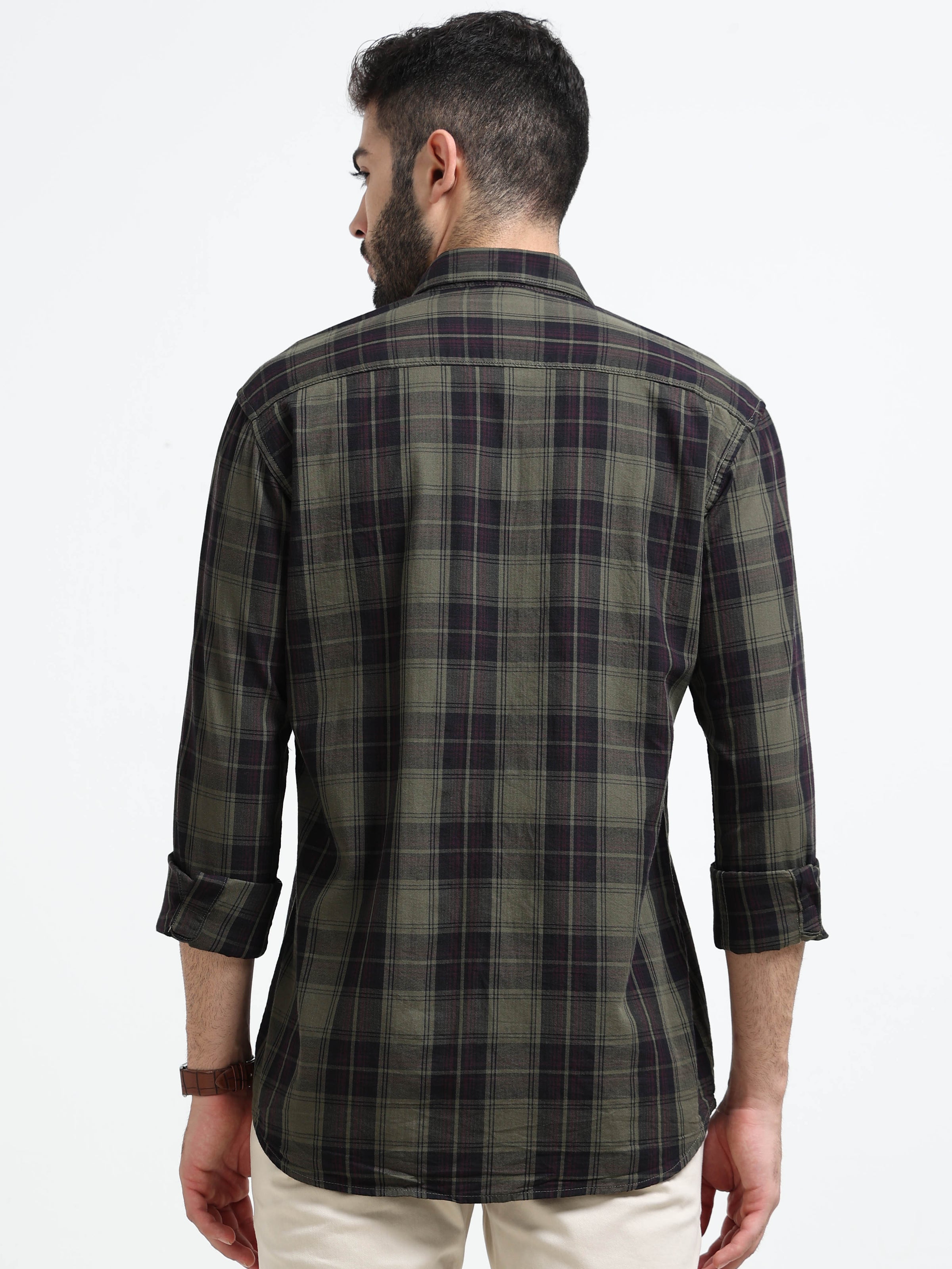 Green Checks Slim Fit Cotton Casual Shirts