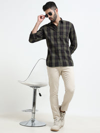 Green Checks Slim Fit Cotton Casual Shirts