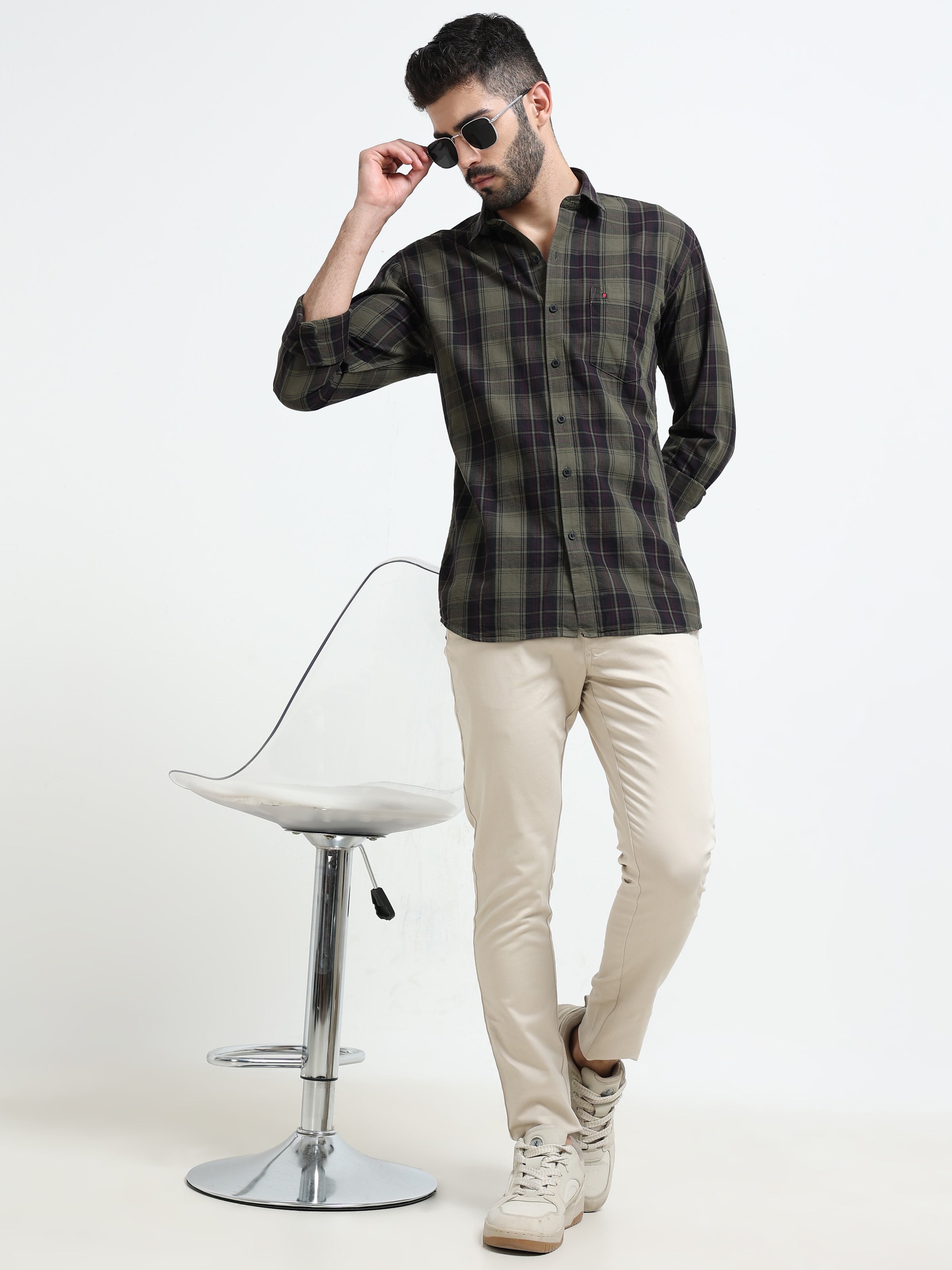 Green Checks Slim Fit Cotton Casual Shirts