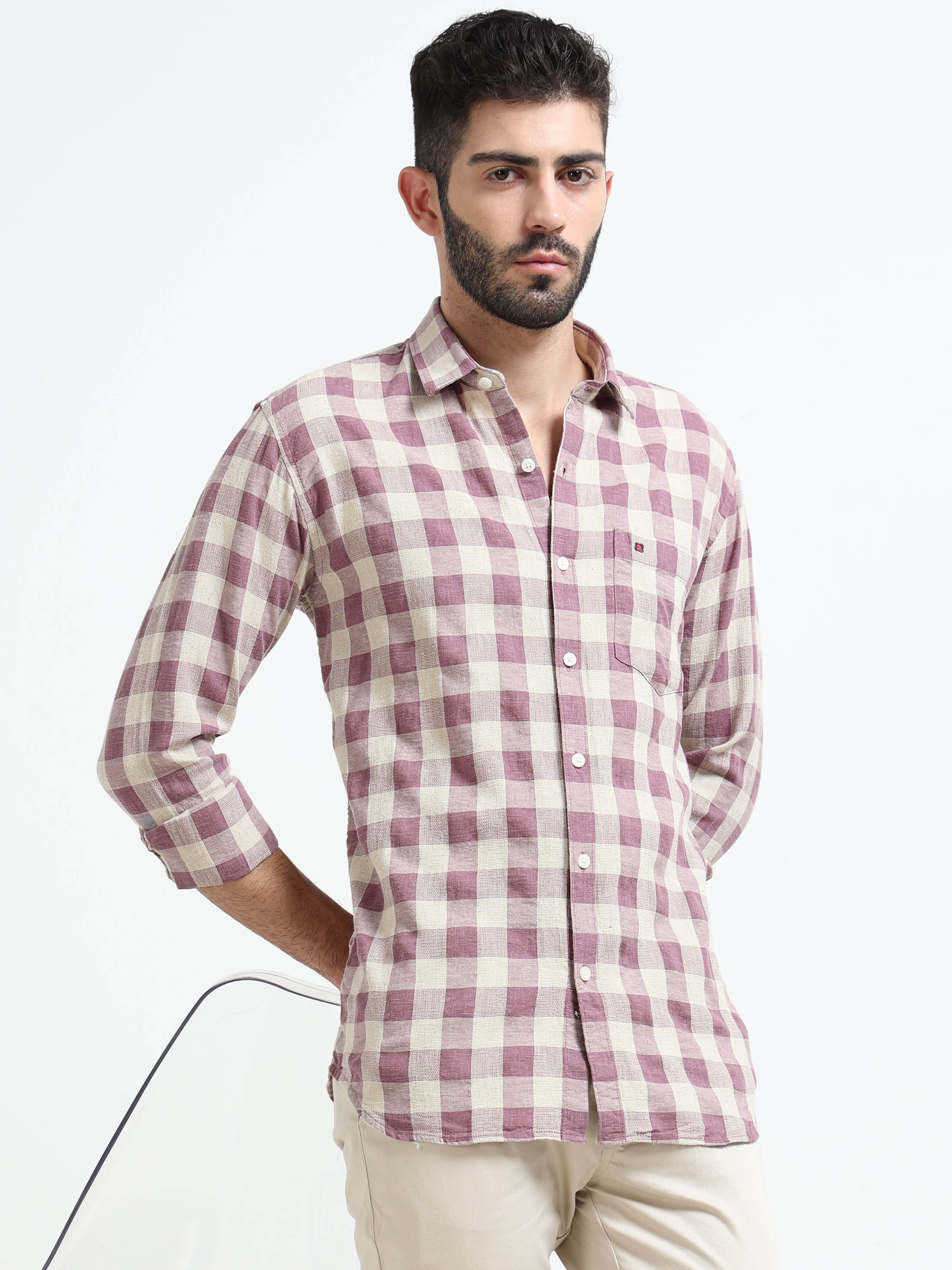 Light Purple Checks Slim Fit Cotton Casual Shirts